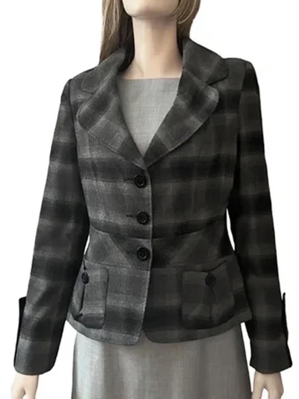 Mario Serrani Italy Plaid Tartan Blazer Jacket Rayon Blend Grey Black Check